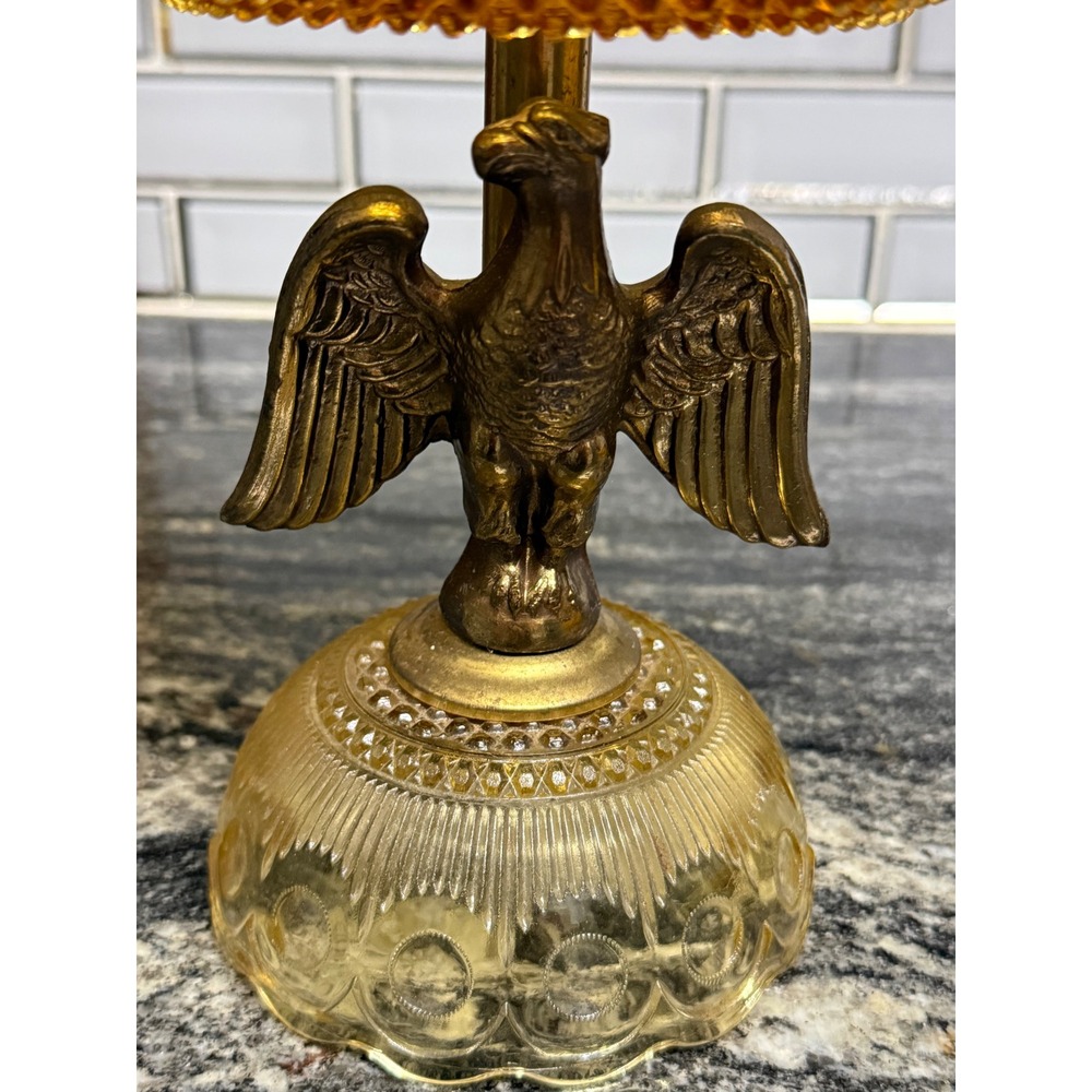 Vintage Mid Century Amber Glass Pedestal Compote Bowl Brass Eagle Candy, Fruit - Picture 2 of 6